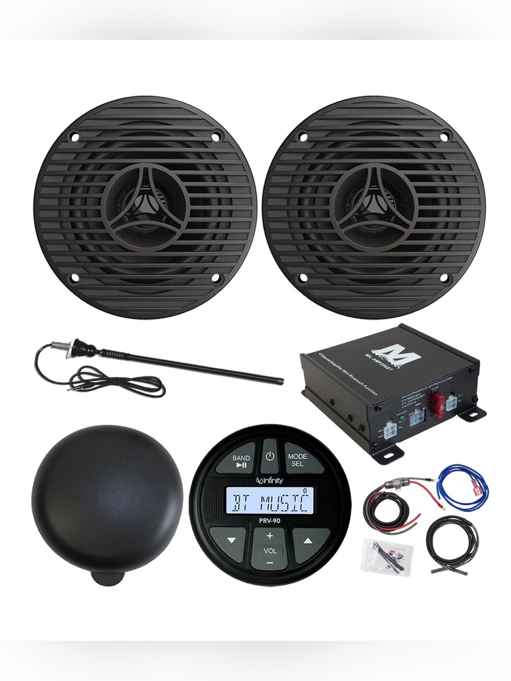 Infinity Marine Receiver, 2x 3.5" 75W Speakers, Amp w/Kit, Antenna, Cover. NEW